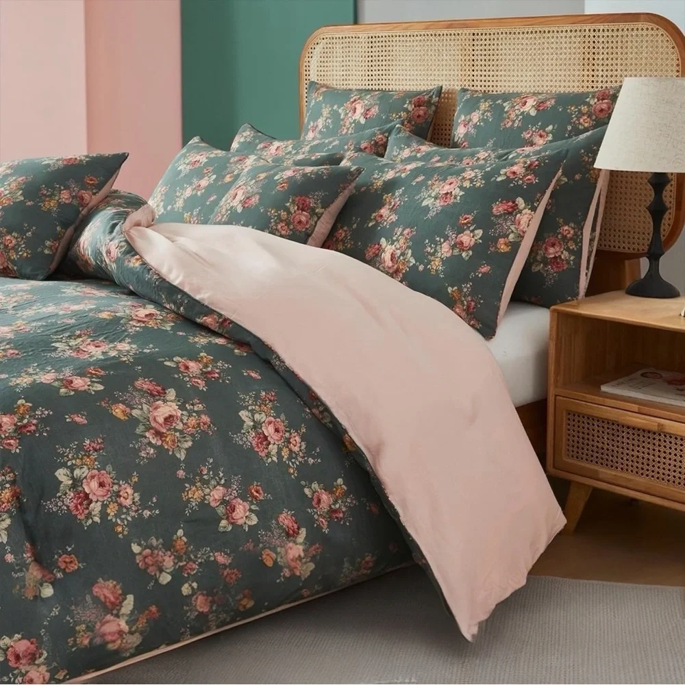 NEW Anthro Green & Pink Floral Muslin Cotton Boho Queen / King Bedding Duvet Set